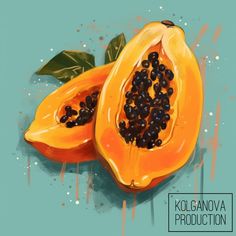 two pieces of papaya with leaves and seeds on a blue background, painted in watercolor