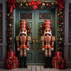 two large nutcrackers standing in front of a green door