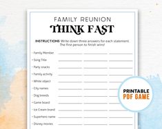 the printable family reunion think fast game is shown on top of a watercolor background