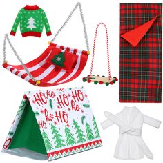 an assortment of christmas items including a tent, scarf and other holiday accessories are shown