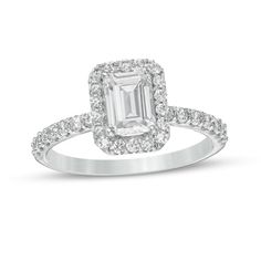 Set the stage for romance with this impressive engagement ring. Crafted in 14K white gold, this luxe look showcases a 1 ct. certified emerald-cut lab-created diamond - boasting a color rank of F and clarity of VS2 - wrapped in an octagonal frame of lab-created diamonds. Additional lab-created diamonds line the shank. Captivating with 1-1/2 cts. t.w. of lab-created diamonds and a bright polished shine, this engagement ring is destined to be admired. This style arrives with a certificate that incl Emerald Shape Engagement Rings, Wedding Rings Emerald Cut, Lab Created Diamond Rings Engagement, Emerald Cut Diamond Ring, Diamond Frame, Lab Diamond Engagement Ring, Cvd Diamond, Emerald Engagement Ring Cut, Engagement Rings Opal