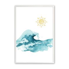 a blue and yellow watercolor wave with the sun in the sky above it on a white background