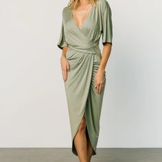 Day Dress - Ruched Sage Green Dress (Size Large) - Brand New With Tags - Never Worn Sage Green Dress, Ladies Day Dresses, Dusty Sage, Baltic Born, Cocktail Attire, Ruched Midi Dress, Surplice Neckline, Dress Dusty, Kimono Style