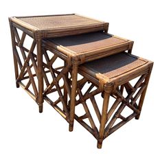 three bamboo nesting tables with wicker seats