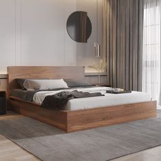 a bedroom with a large bed and wooden headboard on the wall next to a window