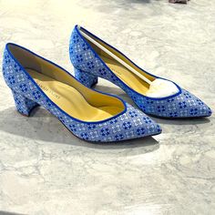 New With Original Box, Handmade In Italy. Azulejos Blue Jacquard Blue Low Heel Court Shoes, Elegant Blue Court Shoes With Sculpted Heel, Blue Court Shoes With Sculpted Heel For Formal Events, Designer Blue Almond Toe Heels, Formal Blue Court Shoes With Sculpted Heel, Royal Blue Elegant Heels For Spring, Blue Round Toe Heels For Galas, Blue Formal Court Shoes With 4-inch Heel, Blue Formal Court Shoes With Deep Heel Cup