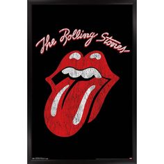 the rolling stones logo on a black background with red and white lipstick, as well as words that read'the rolling stones '