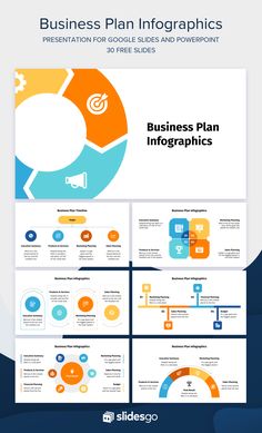 the business plan info sheet is shown in blue, orange and white colors with an arrow pointing