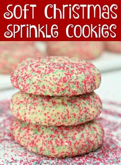 soft christmas sprinkle cookies stacked on top of each other with text overlay