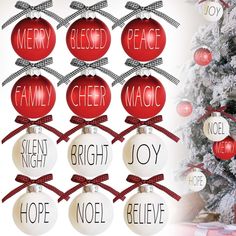 red and white christmas ornaments with words on them