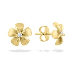 14K Yellow Gold Plumeria Stud Earrings with 0.04 Carats (total weight) of Diamonds. The earrings measure approximately 3/8" in width. Island Life Style, Detailed Jewelry, Diamond Chain, Fine Jewels, Instagram Followers, Diamonds, Yellow Gold, White Gold, Rose Gold