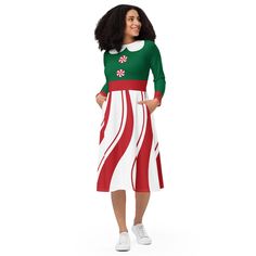 Peppermint Christmas dress, Holiday costume. This comfy dress is perfect for Holiday parties, Christmas pictures, or just for fun. (Design is printed onto fabric.) Comes in adult sizes 2XS up to 6XL.  Meet your new favorite dress! Its soft fabric and flattering cut will ensure you feel comfortable and feminine all day long. Plus, the fitted waist and flared bottom part of the dress will accentuate the wearer's naturally beautiful silhouette. The best part about the dress? It. Has. Pockets.   * F Peppermint Christmas, Beautiful Silhouette, Holiday Costumes, Designer Midi Dresses, Comfy Dress, Comfy Dresses, Naturally Beautiful, Sleeve Midi Dress, Boat Neckline