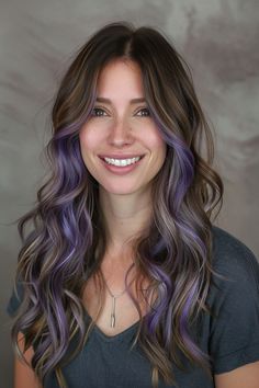 Lavender Hair Ideas 23 Blonde And Purple Highlights Brown Hair, Purple Underneath Hair Brown, Purple Money Piece Hair, Lavender Hair Ideas, Purple Underneath Hair, Purple Highlights Brown Hair, Purple Brown Hair, Lavender Highlights