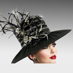 The season calls for brilliant color. The 4″ brim of this classic boater shape hat is artfully draped in luxurious fabric. The crown is swathed in sequins and peppered with crystal dust. Feathers and jewel flowers finish this stunning look. The adjustable sweat band allows for different head sizes. Church Tea Party, Sparkling Flowers, Jeweled Flowers, Women Church, Church Hat, Sweat Band, Headpiece Hairstyles, Elegant Hats, Unique Purses