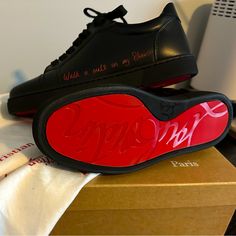 Nwt And Dust Bags Christian Louboutin Viera Black Leather Sneakers Size 36 - New With Original Box And Dust Bags (One For Each Shoe), And An Extra Pair Of Black Shoelaces (In A Shoelace Dust Bag) Expensive Shoes Luxury, Loubitin Shoes, Loubuitton Shoes, Louboutin Sneakers Women, Christian Louboutin Aesthetic, Louboutin Shoes Outfit, Jordans For Women, Louboutin Aesthetic, Louboutin Trainers