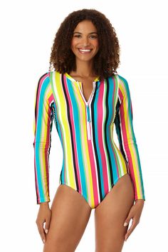 Long Sleeve Front Zip Rash Guard Swimsuit in Waves - Anne Cole Upf 50+ Long Sleeve Rash Guard For Beach Season, Spring Beachwear Rash Guard For Pool, Spring Stretch Rash Guard For Pool, Spring Poolside Rash Guard With Uv Protection, Spring Rash Guard With Uv Protection For Poolside, Spring Long Sleeve Surfing Bodysuit, Spring Long Sleeve Rash Guard With Uv Protection, Long Sleeve Swimwear Upf 50+ For Summer, Casual Rash Guard For Spring Swimming