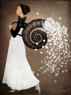 a woman wearing a white dress and holding a large animal in her hand with stars on it