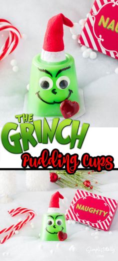 the grinch puddinging cups are decorated with candy canes