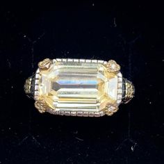 18k And 925 Sterling Canary Crystal Ring From Judith Ripka Jr Two. Excellent Condition - Never Worn! Please Note There Is A Faint Mark Inside The Crystal (Depicted In Images0 - This Was The Condition When I Purchased It. Only Noticeable When You "Zoom In". Crystal Measures 1/2 Inch By 1 Inch. Side Point Diamonds. Stamped On Shank And Inside The Ring. Size 7 - Can Easily Be Resized Your Jeweler. Total Weight Approximately 11g I Do Not Have The Original Box. Will Ship In Tiny Ring Box To Insure Sa Elegant Emerald Cut Yellow Jewelry, Elegant Yellow Emerald Cut Jewelry, Elegant Yellow Gold Topaz Ring With Gemstone Accents, Luxury Gold Jewelry With Accent Stones, Formal Yellow Jewelry With Gemstone Accents, Yellow Jewelry With Gemstone Accents For Formal Occasions, Yellow Gold Diamond Cut Topaz Ring, Gold Jewelry With Emerald Cut Gemstone Accents, Luxury Gold Topaz Ring