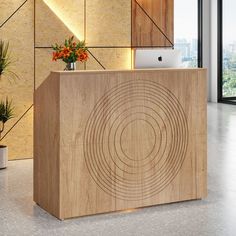 the front desk of an office with wood panels on the wall and planters in vases