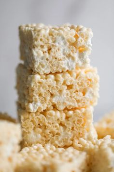 three pieces of rice krispy treats stacked on top of each other