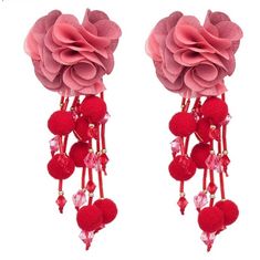 Glamourous, Lightweight 3D floral earrings. Dress them up or down . These will transform the simplest outfit ! Statement Wedding Jewelry, Red Pom Poms, Pink Statement Earrings, Big Statement Earrings, Pom Earrings, Pom Pom Earrings, Long Flowers, Flower Drop Earrings, Long Tassel Earrings