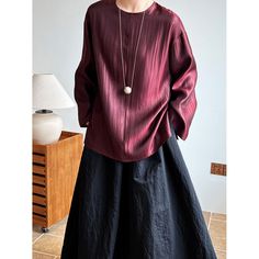 Raglan Sleeve Wine Red Pullover Shirt Fabric: 25% polyester + 75% viscose Size: M, L Multiple Color Selections: Wine Red  Season: Spring, Fall, Summer, Red Season, Red Pullover, Loose Shirt, Old Money Style, Loose Shirts, Summer Clothing, Shirt Fabric, Pullover Shirt, Effortless Chic