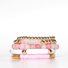 Pink and gold beaded stretch bracelet stack | ELLIOT LANE – Elliot Lane Pink Trendy Hand-strung Stretch Bracelet, Trendy Pink Hand-strung Stretch Bracelet, Pink Hand-strung Heishi Beads Friendship Bracelets, Hand-strung Pink Bracelets For Everyday Wear, Trendy Pink Heishi Beads Stretch Bracelet, Everyday Pink Hand-strung Bracelets, Pink Heishi Beads Bracelets With Colorful Beads, Pink Heishi Beads Bracelet With Colorful Beads, Trendy Pink Heishi Beads Friendship Bracelet