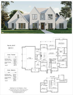 two story house plans with large windows and an open floor plan