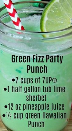 green fizz party punch recipe in a mason jar