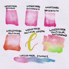 watercolor swatches with different colors and names for each type of brush stroker