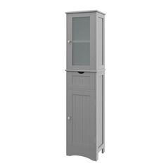 a tall gray cabinet with glass doors on the top and bottom shelf, against a white background