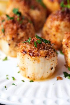 some food on a white plate with parsley sprinkled around it's edges