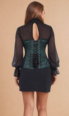 Experience the luxurious feel of satin with our Natalie Green Overbust Corset. This stunning corset is designed with a beautiful satin print, elevating any outfit with a touch of sophistication. Its overbust design provides excellent support and shaping, making you feel confident and comfortable all day. Upgrade your style with our Natalie Green Overbust Corset. Best for Height : 5'.3" and Above Bone Casing : All bones are placed under cotton bone casing Boning : 10 Spiral Steel Bones & 4 Flat Steel Bones Dimensions : Center Front - 15" / Back - 13" / Side - 12" Fabrics : Shell Fabric - Satin with Chiffon/ Lining-100% Cotton Lacing : 6.5-7 Mtr long back lacing Modesty Panel : 6 inches wide Opening : Metal busk front opening Pattern Name : Wanda Suspender Loops : 6 loops Please Note : The c Elegant Underbust Corset For Costume Party, Fitted Underbust Corset Belt For Formal Occasions, Gothic Corset With Corset Back For Formal Occasions, Gothic Formal Corset With Corset Back, Elegant Green Corset Dress With Boned Bodice, Elegant Halloween Party Corset, Elegant Fitted Corset Belt For Costume Party, Elegant Halloween Corset Dress With Fitted Bodice, Elegant Underbust Bodice For Costume Party