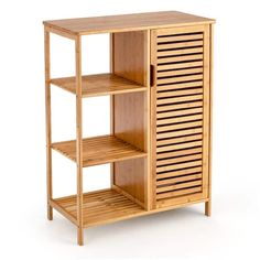 a wooden shelf with three shelves on each side