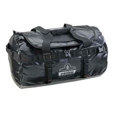 a large black duffel bag sitting on top of a white floor