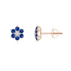 Radiant blue sapphires surround a sparkling round diamond to form an alluring floral pattern. The blue gems are prong set for maximum brilliance and allure. This pair of sapphire and diamond stud earrings in 14k rose gold is a beauty to behold. Small Diamond Rings, Beautiful Diamond Earrings, Solitaire Diamond Pendant, Sapphire Earrings Studs, Platinum Earrings, Sapphire Studs, Solitaire Pendant Necklace, Cultured Pearl Necklace, Colorless Diamond