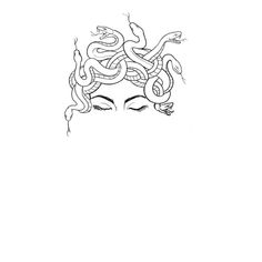 a drawing of a woman's face with snakes on her head and eyes closed