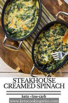 two pans filled with spinach and cheese on top of a wooden cutting board