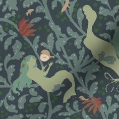 a wallpaper with animals and plants on it's side, in green and blue colors