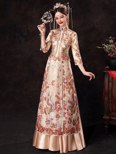 ⭐ Premium Handmade Item, High End Quality Gown; The very Elegant quality for Brides; ⭐ Item High Light: Classical Red Color; 4D Solid Tailor to Show Bride's Shape Beauty; Premium Satin Material Surface; Embroidery Golden Pattern盘金绣; Tassel jewelry decoration in front Chest and Sleeves/ Hemline; Tassel Satin with Pattern Skirt; Symmetrical Art design to show the beauty of Chinese Royal Wedding Fashion. ⭐ Made for Spring/Summer/ Autumn Season; Clothing Match Tips: Match to Loose Qipao Jacket/ High A-line Wedding Dress With Intricate Embroidery, Chinese Wedding Guest Outfit, Festive Long Dress With Floral Embroidery, Floral Print Embroidered Maxi Dress For Wedding, Floral Print A-line Wedding Gown, Ceremonial Dresses With Floral Embroidery, Intricate Embroidered Long Wedding Dress, Long Sleeve Embroidered Floral Dress For Wedding, Long Sleeve Floral Embroidery Dress For Ceremony