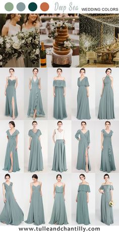 a collage of photos showing different styles of bridesmaid dresses and gowns