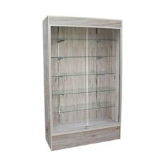 an empty wooden display case with glass shelves