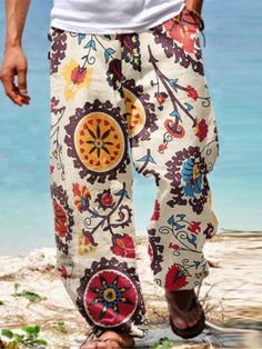 Summer Men Baggy Pants Casual Printed Design Wide Leg Trousers Retro Vintage Beach Hawaiian Plus Size Loose Pants Man Streetwear Man Streetwear, Moda Hippie, Casual Pants Style, Blue Pictures, Mens Linen, Summer Pants, Beach Pants, Baggy Pants, Baggy Pant