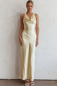 Butter Yellow Satin Dress, Pale Yellow Satin Bridesmaid Dresses, Butter Bridesmaid Dresses, Cowl Back Maxi Dress For Date Night, Date Night Maxi Dress With Cowl Back, Satin Maxi Dress With Cowl Neck For Formal Events, Satin Cowl Neck Maxi Dress For Formal Occasions, Chic Satin Maxi Dress With Cowl Neck, Chic Cowl Back Maxi Dress For Night Out