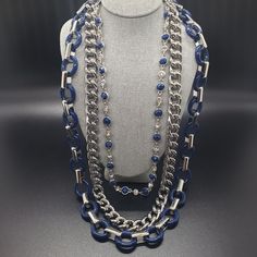 Lia Sophia Triple Chain Necklace Is Absolutely Perfect! 17.5 In Length 20in Length 22 In Length Gorgeous Blue Silver Plated Crystals Adjustable Made So Nice ! Top Quality Brand New With Tags Blue Long Necklace With Adjustable Chain, Elegant Blue Chain Necklace For Party, Silver Beaded Chain Layered Necklace, Silver Layered Beaded Chain Necklace, Silver Chunky Chain Layered Necklace For Parties, Elegant Blue Jewelry With Silver Chain, Elegant Blue Jewelry Chain, Elegant Blue Chain Jewelry, Blue Long Necklace For Party