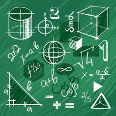 a green chalkboard with different types of math symbols on it, including the numbers and angles