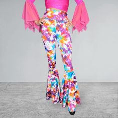 Funky and bold spandex bell bottoms in tie dye print. These bell bottoms will fit you perfectly. They hug your hips and flare out at the feet. The standard inseam is 34" but can be customized by putting your desired inseam in the comments/notes when checking out.  Please choose between low-rise, mid-rise, or high-waist. *Our model normally wears a size 4, with a 27" waist, 37" hips and is 5'5" tall. She is wearing a size small with a 34" inseam (and 3" heels) Women's Sizing (See below for instru Trendy Summer Full-length Flares, Fitted Hippie Flares For Summer, Spring Festival Flares, Hippie Flare Stretch Pants, Fitted Hippie Flare Pants, Hippie Fitted Flare Pants, Fitted Flare Hippie Pants, Hippie Style Flare Fitted Pants, Stretch High-waisted Flares For Summer