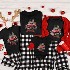 Celebrate the holiday season in style with our Matching Family Christmas Shirts. These Custom Family Shirts make the perfect choice for your family photoshoot, and they're a thoughtful Personalized Christmas Gift that will bring festive joy to your loved ones. Get ready to spread the holiday cheer with these Christmas Gifts everyone will adore️🎅 PLEASE NOTE: Colors may seem different on the computer screen, or in the lighting in which the picture was taken. The way that we print our shirts is D Matching Christmas Cotton Tops, Matching Cotton Christmas Tops, Matching Cotton Tops For Christmas, Family Matching Winter Tops For Gifts, Black Family Matching Tops For Winter, Family Matching Red Christmas Shirt, Red Family Matching Christmas Shirt, Family Matching Cotton Winter Tops, Family Matching Graphic Print Tops For Winter