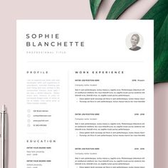 a clean and modern resume template with green leaves on the side, in front of a pink background